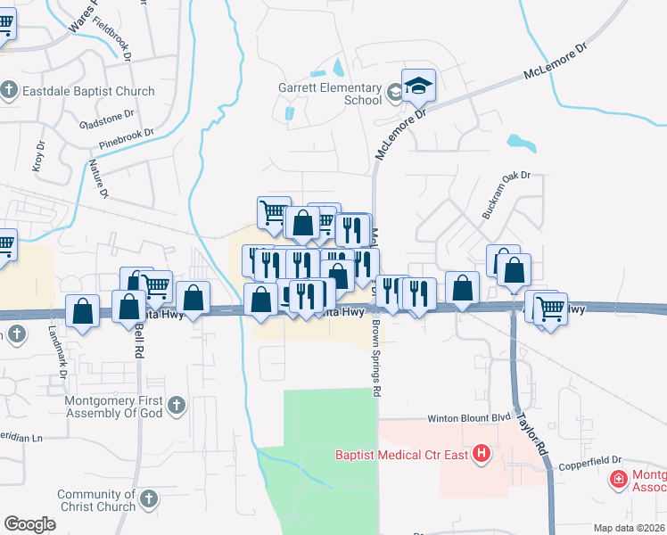 map of restaurants, bars, coffee shops, grocery stores, and more near 6561 Atlanta Hwy in Montgomery