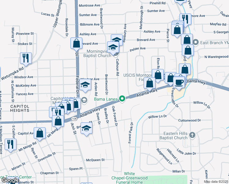 map of restaurants, bars, coffee shops, grocery stores, and more near 4 Brantwood Drive in Montgomery