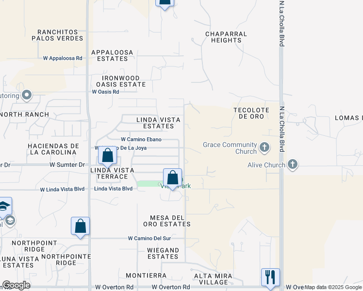 map of restaurants, bars, coffee shops, grocery stores, and more near 9742 North Camino Del Plata in Tucson