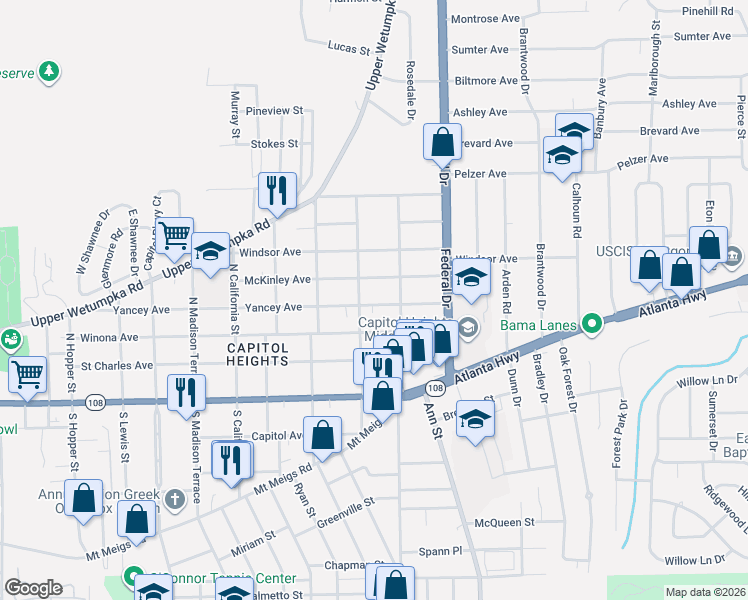 map of restaurants, bars, coffee shops, grocery stores, and more near 2218 Yancey Avenue in Montgomery