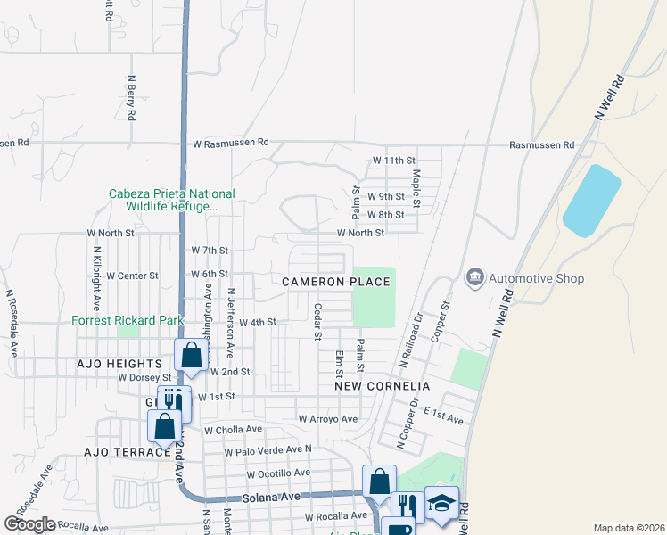 map of restaurants, bars, coffee shops, grocery stores, and more near 310 West 5th Street in Ajo