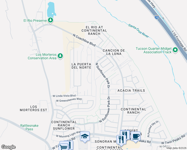 map of restaurants, bars, coffee shops, grocery stores, and more near 9781 North La Entrada in Tucson