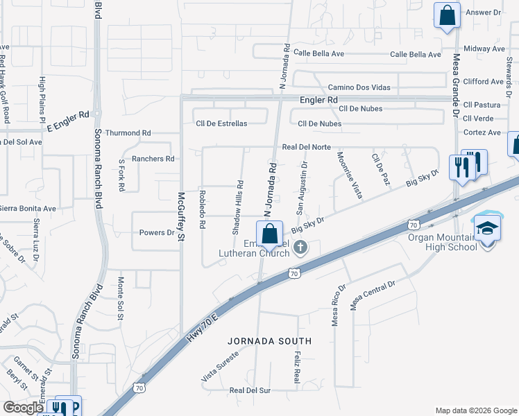 map of restaurants, bars, coffee shops, grocery stores, and more near 4300 Real La Luz in Las Cruces