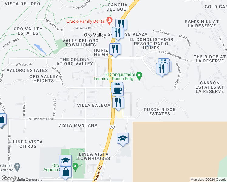 map of restaurants, bars, coffee shops, grocery stores, and more near 9600 North Oracle Road in Oro Valley
