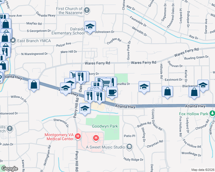 map of restaurants, bars, coffee shops, grocery stores, and more near 4029 Atlanta Highway in Montgomery