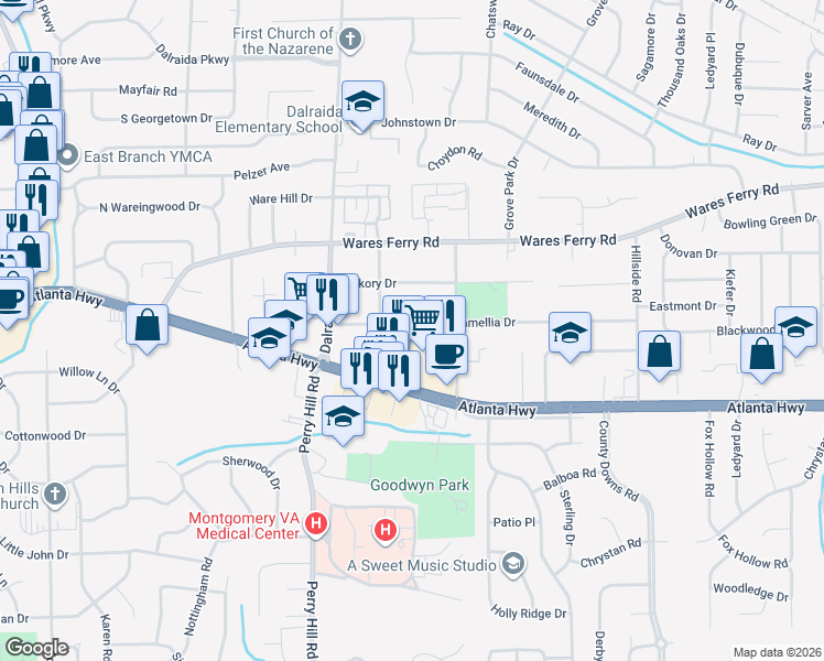 map of restaurants, bars, coffee shops, grocery stores, and more near 4029 Atlanta Highway in Montgomery