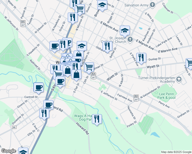 map of restaurants, bars, coffee shops, grocery stores, and more near 411 East Jefferson Street in Waxahachie