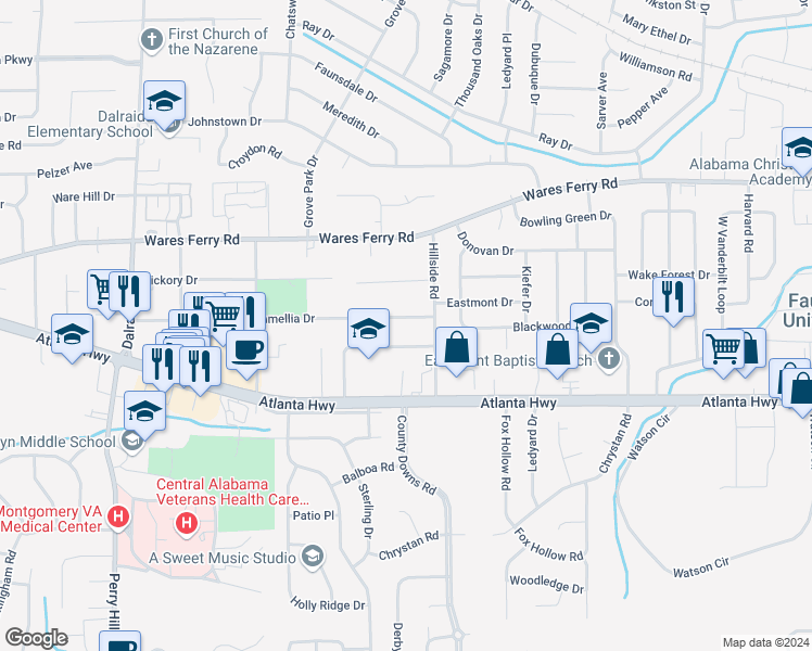 map of restaurants, bars, coffee shops, grocery stores, and more near 4260 Camellia Drive in Montgomery