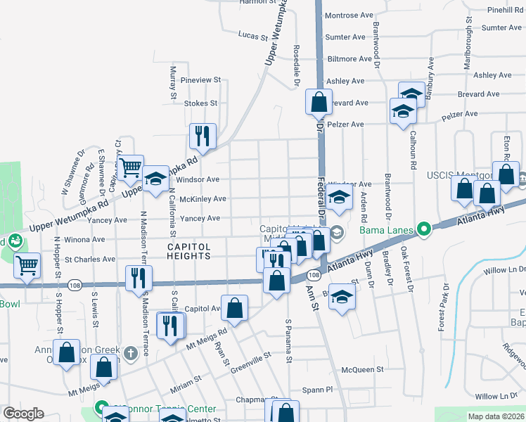 map of restaurants, bars, coffee shops, grocery stores, and more near 2218 Yancey Avenue in Montgomery