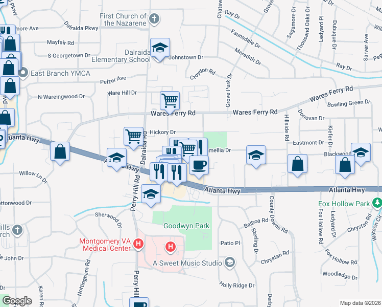 map of restaurants, bars, coffee shops, grocery stores, and more near 4029 Atlanta Highway in Montgomery
