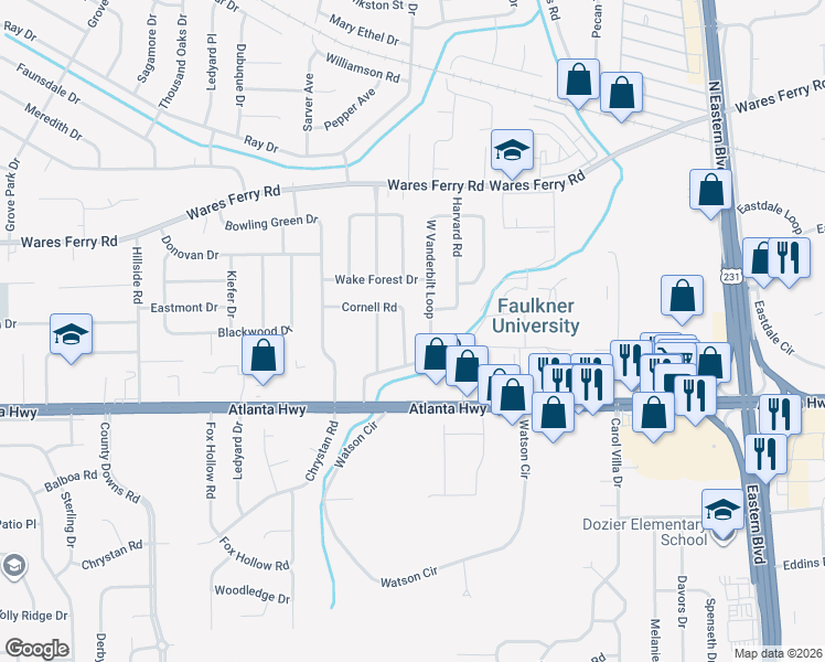 map of restaurants, bars, coffee shops, grocery stores, and more near 204 Cornell Road in Montgomery