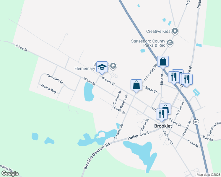 map of restaurants, bars, coffee shops, grocery stores, and more near 502 West Lee Street in Brooklet