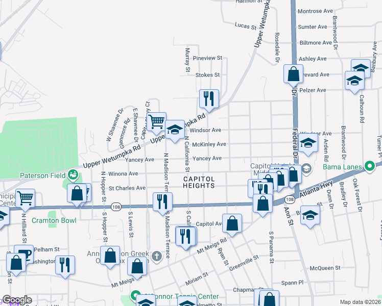 map of restaurants, bars, coffee shops, grocery stores, and more near 1902 Yancey Avenue in Montgomery