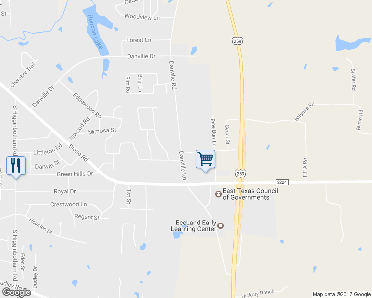 map of restaurants, bars, coffee shops, grocery stores, and more near 500 Danville Road in Kilgore