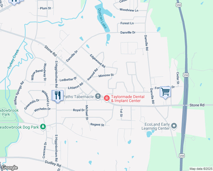 map of restaurants, bars, coffee shops, grocery stores, and more near 3103 Rockbrook Drive in Kilgore