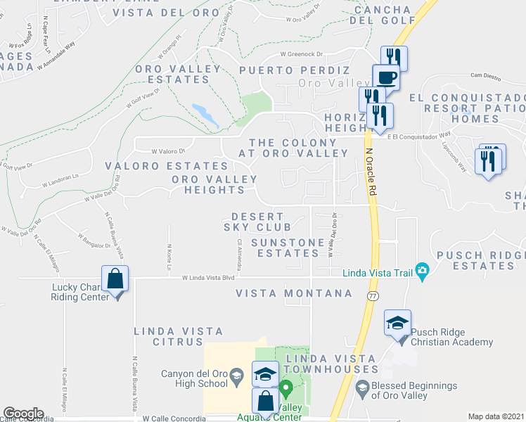 map of restaurants, bars, coffee shops, grocery stores, and more near 1 East Desert Sky Road in Tucson