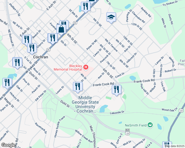 map of restaurants, bars, coffee shops, grocery stores, and more near 422 Peacock Street in Cochran