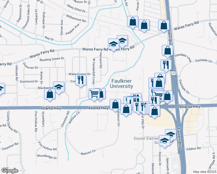 map of restaurants, bars, coffee shops, grocery stores, and more near 481 East Vanderbilt Loop in Montgomery