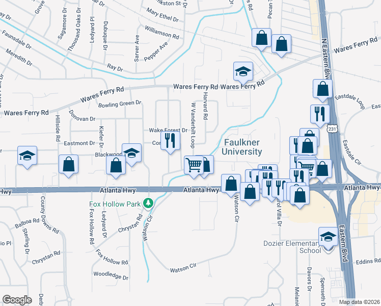 map of restaurants, bars, coffee shops, grocery stores, and more near 228 Cornell Road in Montgomery