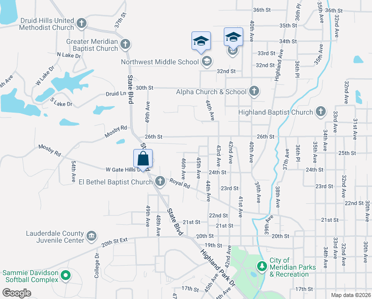 map of restaurants, bars, coffee shops, grocery stores, and more near 4708 25th Street in Meridian