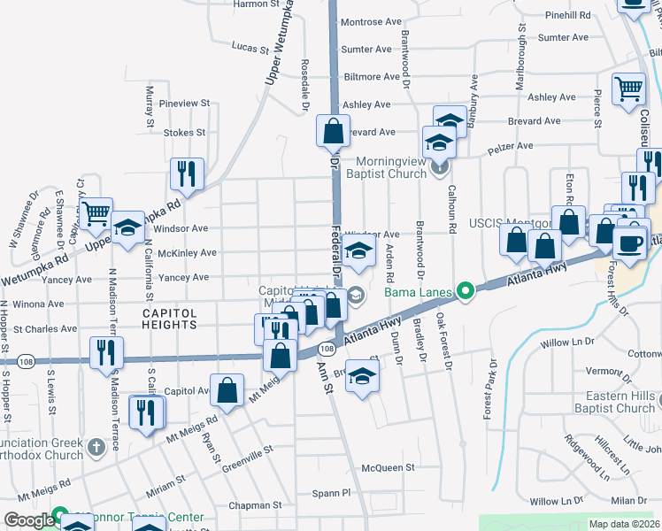 map of restaurants, bars, coffee shops, grocery stores, and more near 307 Federal Drive in Montgomery