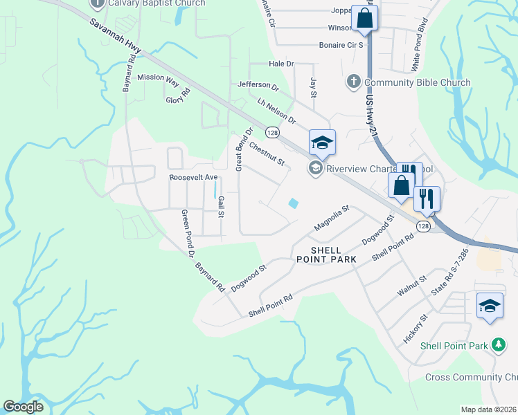 map of restaurants, bars, coffee shops, grocery stores, and more near 1-13 Cedarwood Street in Beaufort