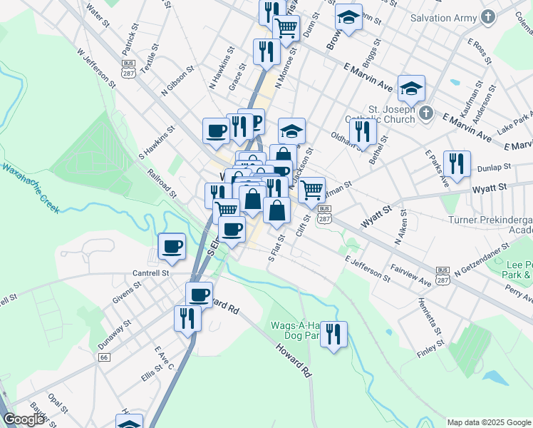 map of restaurants, bars, coffee shops, grocery stores, and more near 100 South College Street in Waxahachie