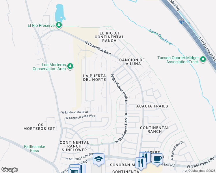 map of restaurants, bars, coffee shops, grocery stores, and more near 9780 North Solstice Avenue in Tucson