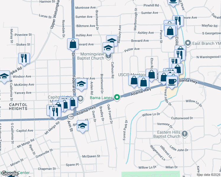 map of restaurants, bars, coffee shops, grocery stores, and more near 16 Calhoun Road in Montgomery
