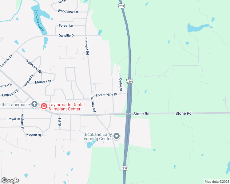 map of restaurants, bars, coffee shops, grocery stores, and more near 600 Pine Burr Lane in Kilgore