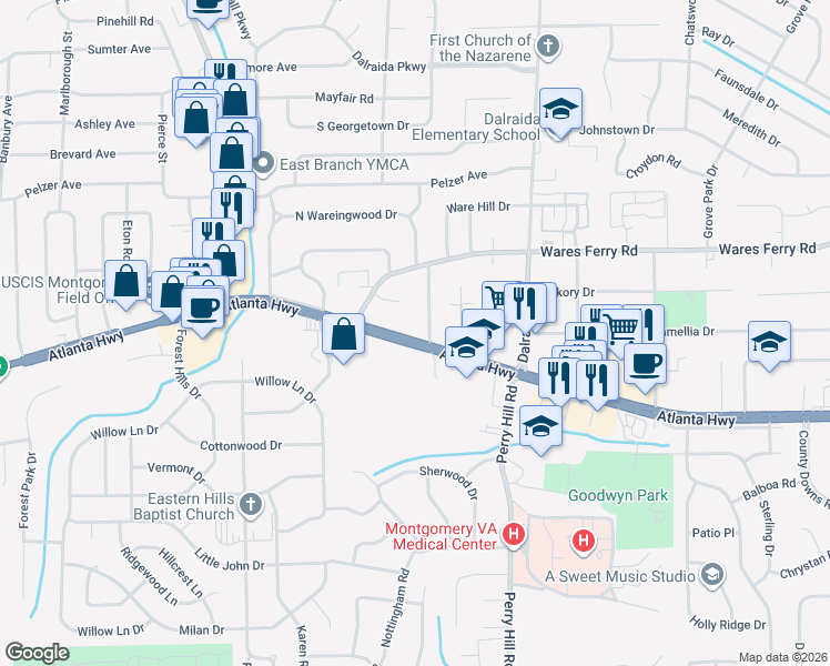 map of restaurants, bars, coffee shops, grocery stores, and more near 3763 Atlanta Highway in Montgomery