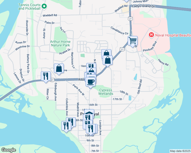 map of restaurants, bars, coffee shops, grocery stores, and more near 1680B Ribaut Road in Port Royal