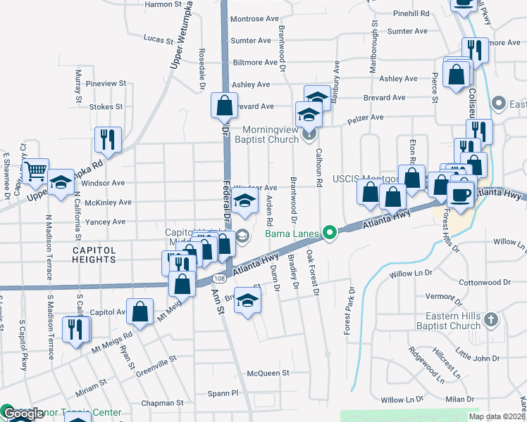 map of restaurants, bars, coffee shops, grocery stores, and more near 32 Arden Road in Montgomery