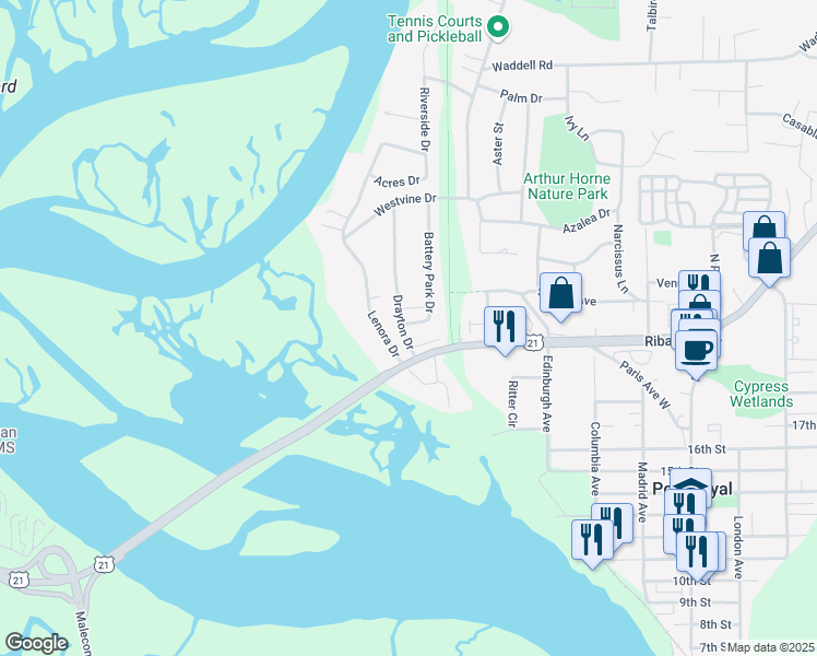 map of restaurants, bars, coffee shops, grocery stores, and more near 1916 Battery Park Drive in Port Royal