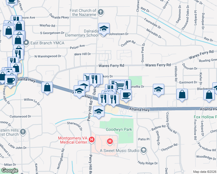 map of restaurants, bars, coffee shops, grocery stores, and more near 101 Mitchell Drive in Montgomery