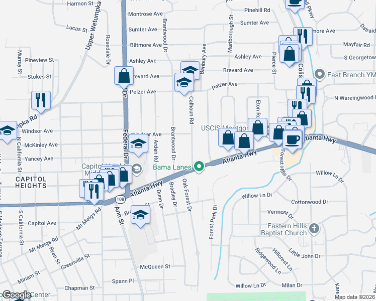 map of restaurants, bars, coffee shops, grocery stores, and more near 11 Calhoun Road in Montgomery