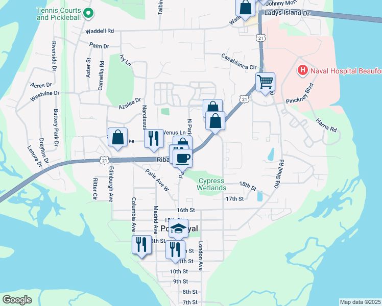 map of restaurants, bars, coffee shops, grocery stores, and more near 1839 Paris Avenue in Port Royal
