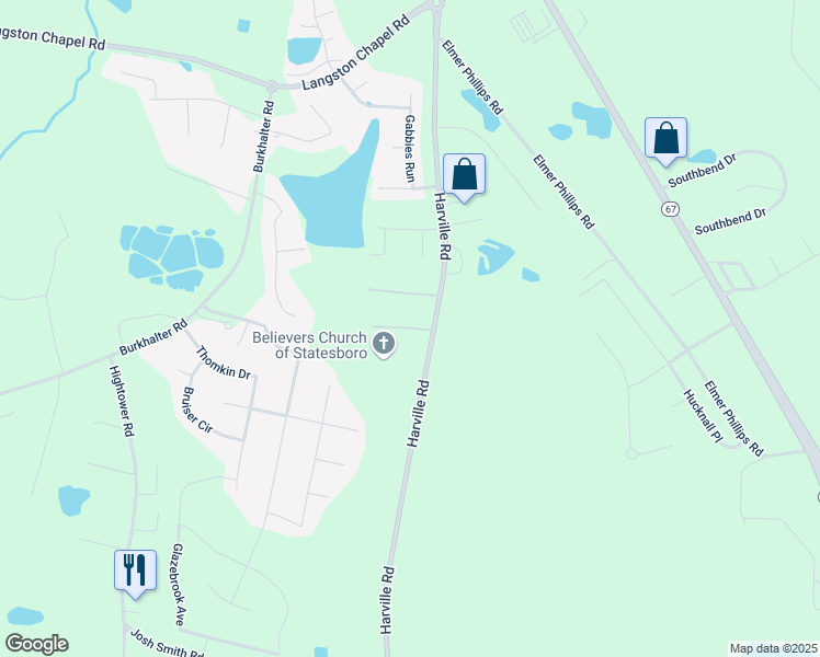map of restaurants, bars, coffee shops, grocery stores, and more near Raindrop Dr in Statesboro