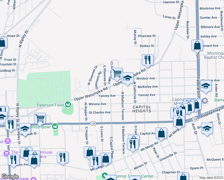 map of restaurants, bars, coffee shops, grocery stores, and more near 320 North Capitol Parkway in Montgomery