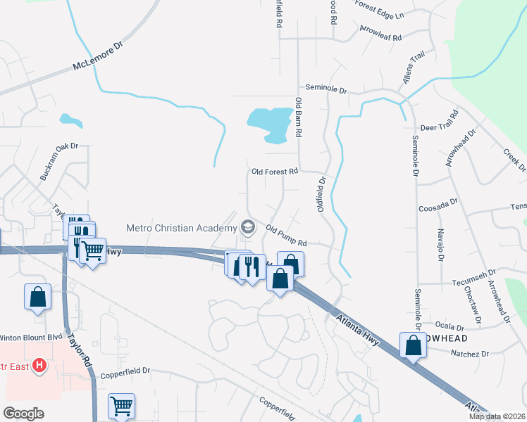 map of restaurants, bars, coffee shops, grocery stores, and more near 7400 Lake Forest Court in Montgomery