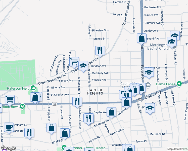 map of restaurants, bars, coffee shops, grocery stores, and more near 400 North California Street in Montgomery