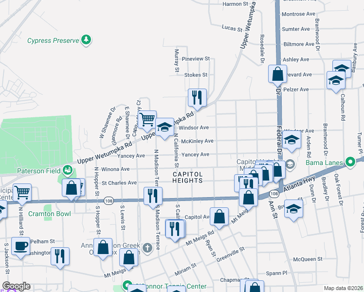 map of restaurants, bars, coffee shops, grocery stores, and more near 400 North California Street in Montgomery