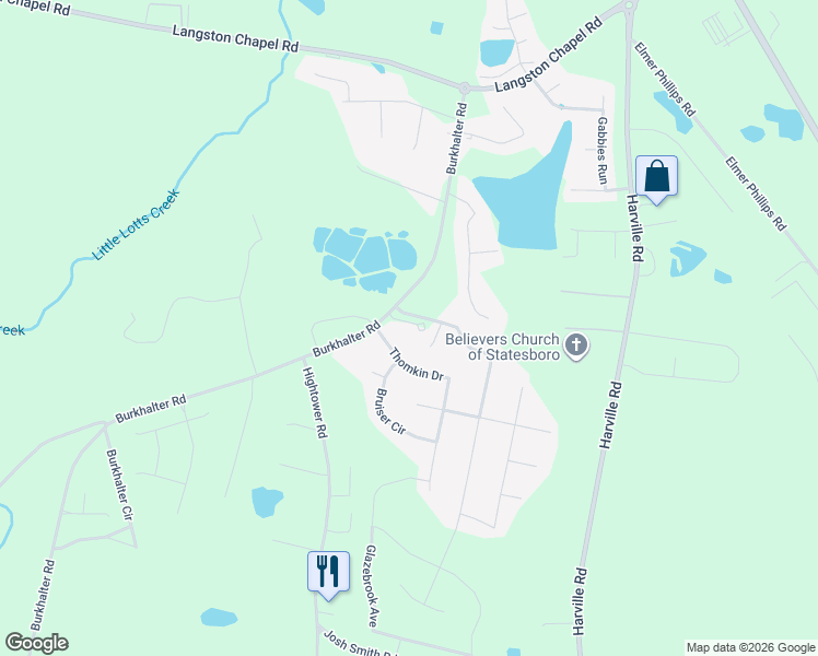 map of restaurants, bars, coffee shops, grocery stores, and more near 4988 Burkhalter Road in Statesboro