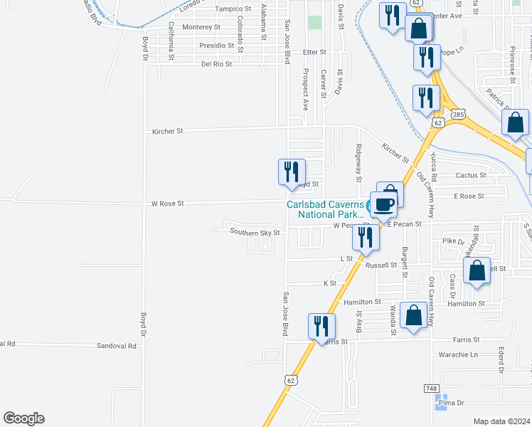 map of restaurants, bars, coffee shops, grocery stores, and more near 409 West Rose Street in Carlsbad