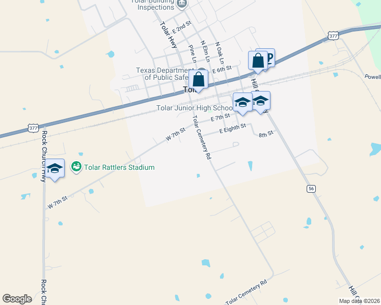map of restaurants, bars, coffee shops, grocery stores, and more near 500 Tolar Cemetery Rd in Tolar