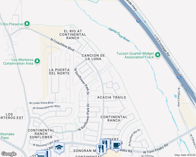 map of restaurants, bars, coffee shops, grocery stores, and more near 9787 North Sandy Mesa Place in Tucson