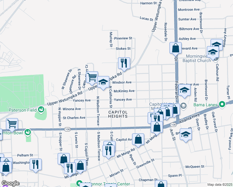 map of restaurants, bars, coffee shops, grocery stores, and more near 400 North California Street in Montgomery