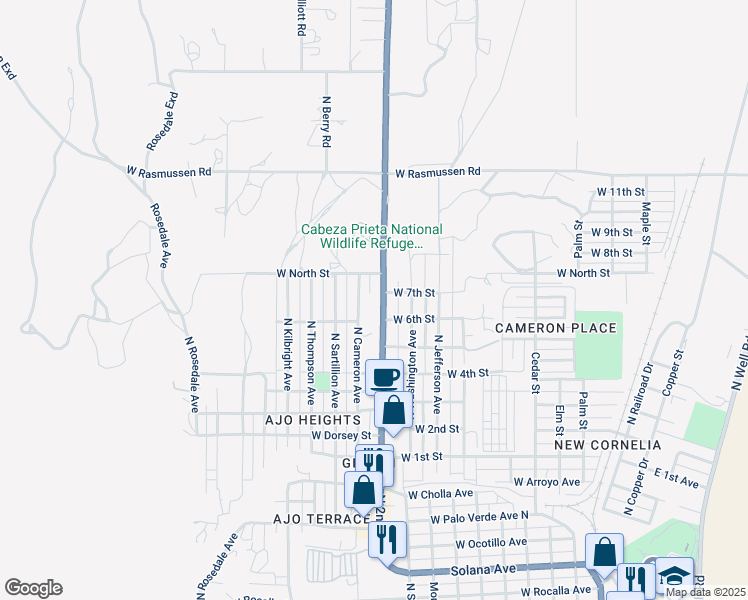 map of restaurants, bars, coffee shops, grocery stores, and more near 1500 Arizona 85 in Ajo