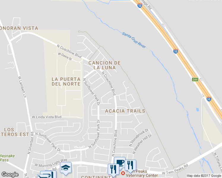 map of restaurants, bars, coffee shops, grocery stores, and more near 9787 North Sandy Mesa Place in Tucson