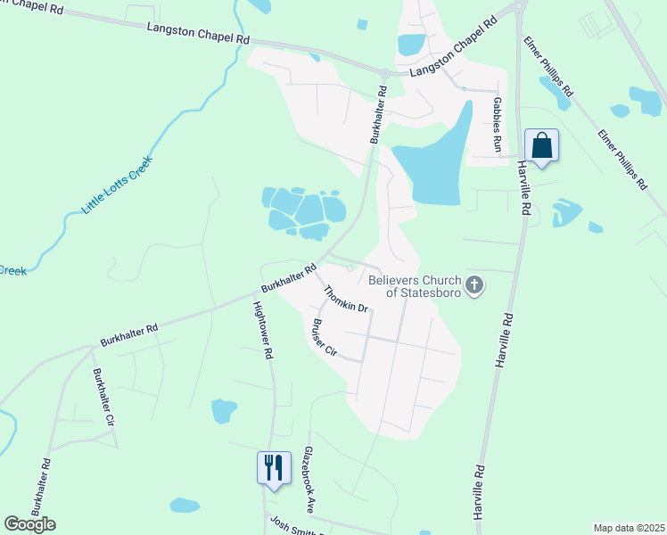 map of restaurants, bars, coffee shops, grocery stores, and more near 4988 Burkhalter Road in Statesboro